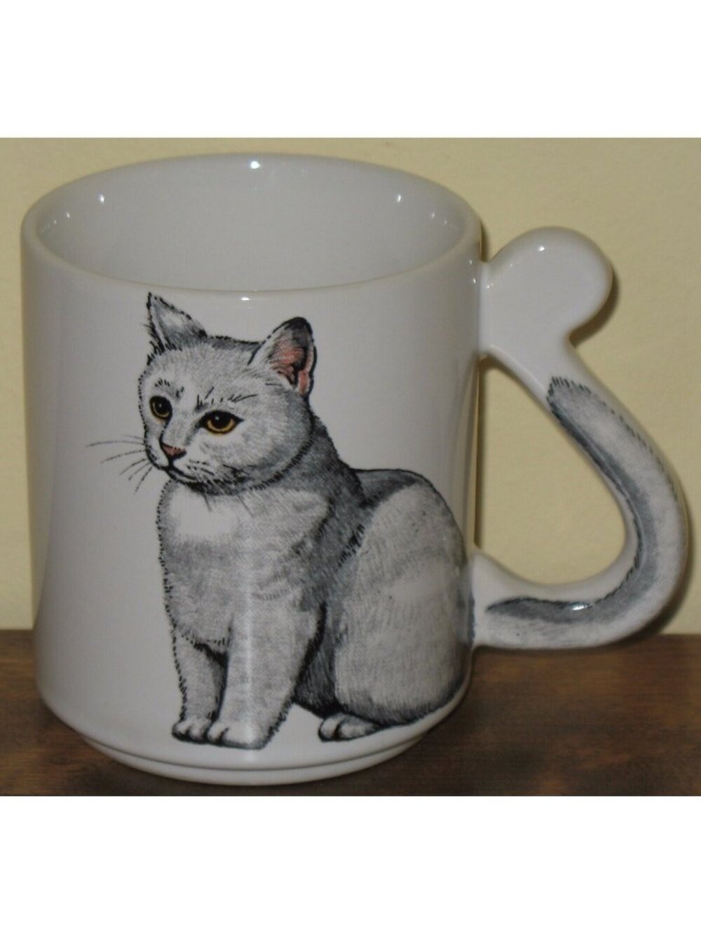Gray Cat Coffee Mug with Tail Handle Vintage Cup